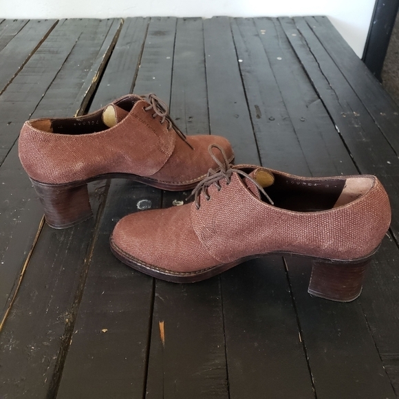 Stephane Kelian Paris Heeled Shoes Burgundy Red Women's 8 Canvas Lace Up Oxford - Picture 2 of 11